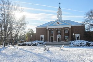 The Shriver hall covered with snow, on the campus.