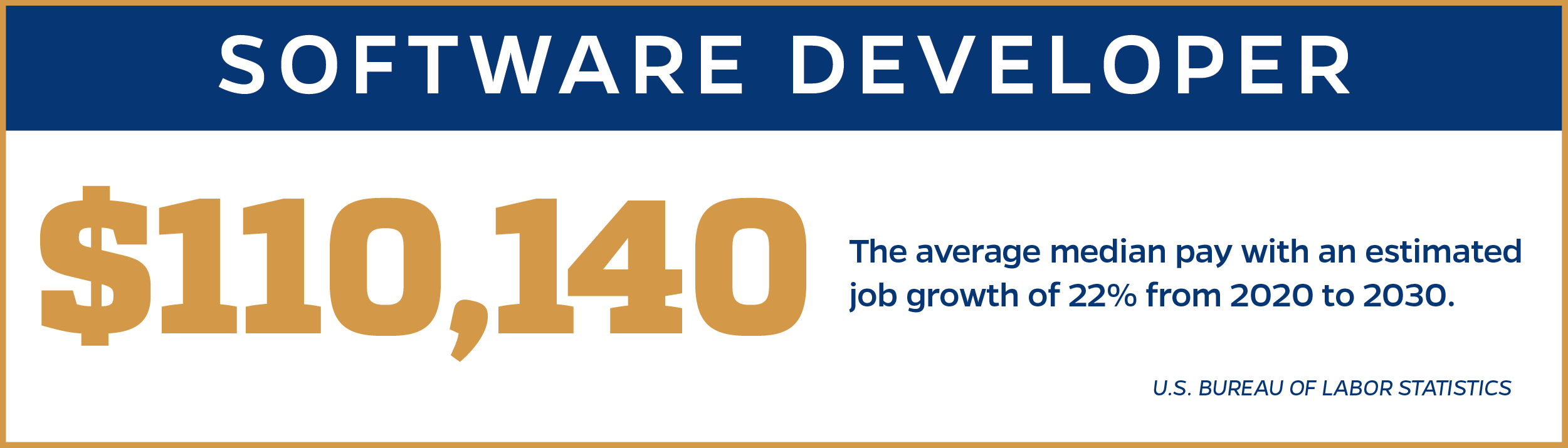 software developer infographic-$110,140 the average median pay with an estimated job growth of 22% from 2020 to 2030.