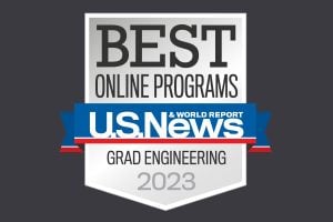 A digital poster with the text 'Best Online Programs' at the top, a blue banner with the text 'U.S. News & World Report' at the center and the text 'Grad Engineering 2023' at the bottom.
