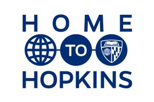 The logo of Home to Hopkins with the text 'Home to Hopkins', globe icon and Johns Hopkins University logo.