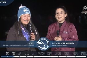 A screengrab of a livestream event. APL Engineer Lisa Wu and NASA's Raquel Villaneueva hold microphones on camera.