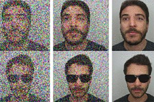 Six headshot images of a man, with varying levels of diffusion "noise." He is wearing sunglasses in the bottom three photos.