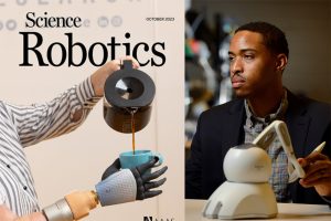 A graphic combining the October issue of Science Robotics cover (featuring a person with a prosthetic limb pouring coffee) combined with a photo of Jeremy Brown working on a prosthetic model at a desk.