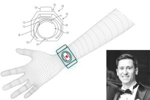 A diagram of a wrist-worn medical devices. Inset is a photo of Nick Desantis.