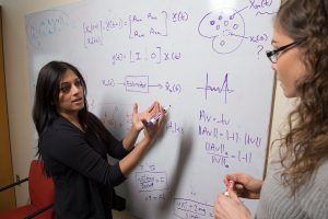 Sridevi Sarma, professor in the Department of Biomedical Engineering, writes on a dry-erase board, explaining a concept to a student.