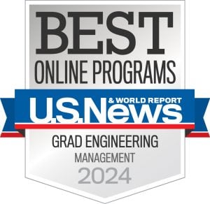 The US News and World Report shield for "Best Online Programs Grad Engineering Management 2024"