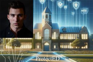 An AI rendering of a large academic building with various trust symbols around it, with the word "ProtectED." Insert: headshot photo of Dakota Robbins