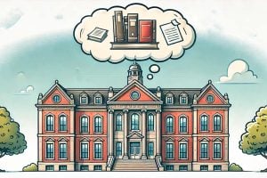 Illustration of an academic building with a thought cloud filled with binders and papers.