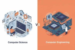 Illustration: Computer scientist more focused on apps and charts, with an engineer more focused on a motherboard.