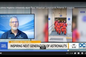 image of CJ Utara being interviewed online next to an image of Artemis II astronauts
