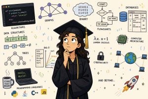 Illustrated horizontal comic of a graduate in cap and gown, looking thoughtfully to the side with a hand on their chin. Surrounding them are colorful computer science symbols and diagrams.
