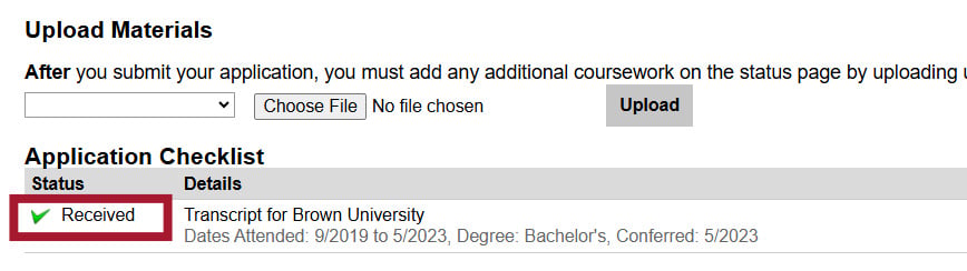 Screengrab: The application checklist section of the application. A red box is superimposed around a "received" status with a green checkmark. 
