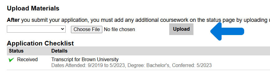 Screengrab: The "Upload Materials" section of the application. A blue arrow superimposed over the screengrab pointing to the "Choose File" and "Upload" Sections.