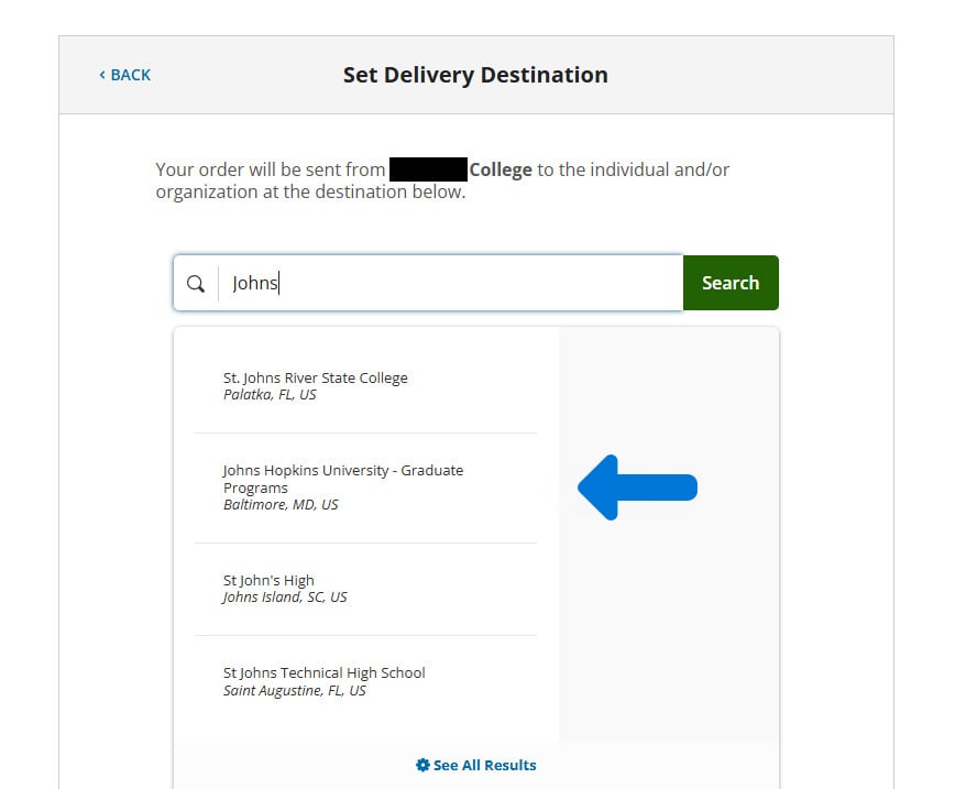 Screengrab: The "Set Delivery Destination" screen on Parchment's order form. "Johns" is typed in the search box, populating a list of institutions including "Johns Hopkins University - Graduate Programs." A blue arrow points to the Hopkins selection. 